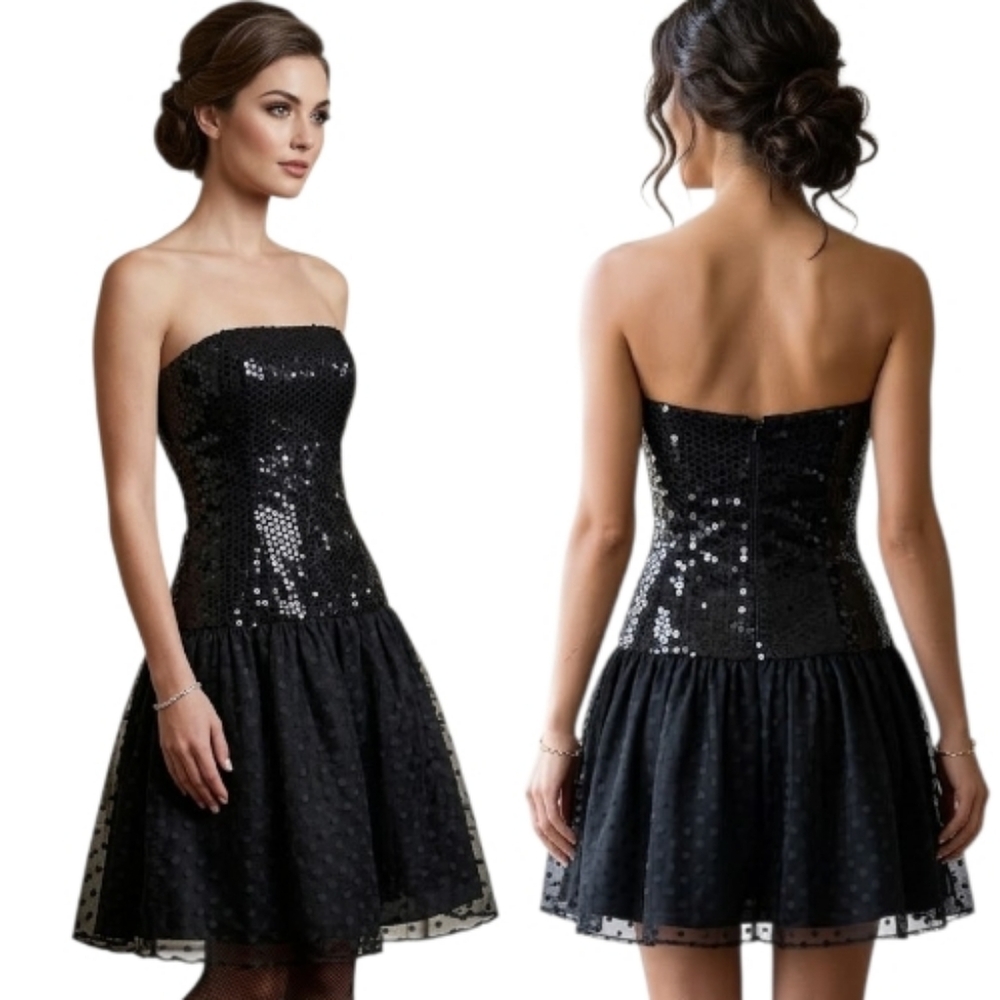 MORTON MYLES- Vintage 1980s Strapless Sequined Mini Dress - M - Picture 3 of 14